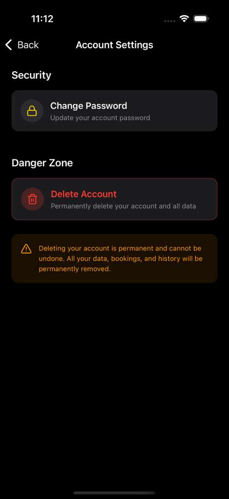 Customer app account settings showing Delete Account option in Danger Zone