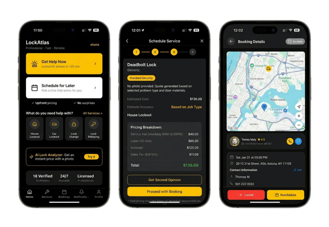 LockAtlas customer app screens showing home dashboard, AI-powered upfront pricing, and live technician tracking on a map