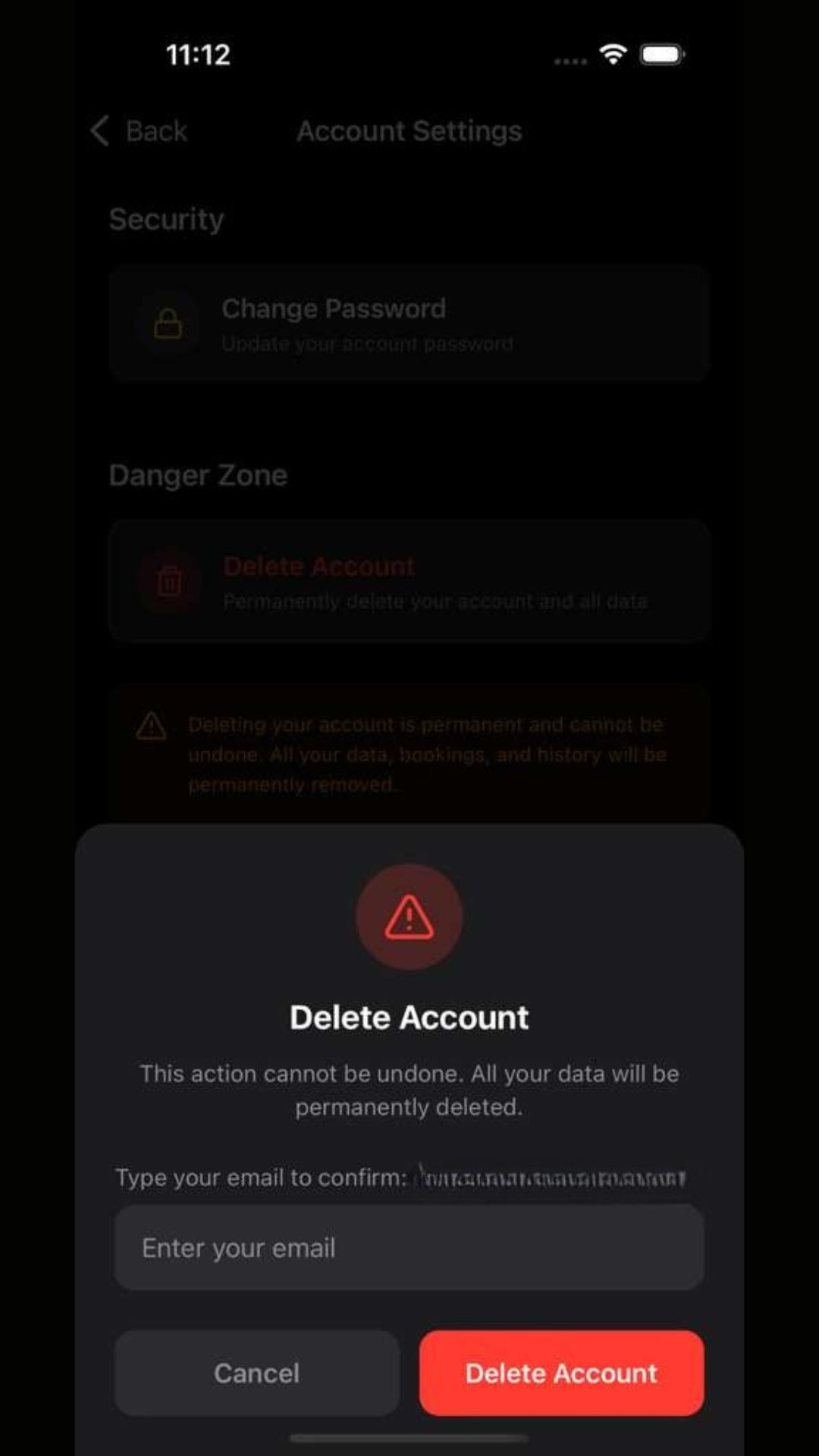 Customer app delete account confirmation modal requiring email verification