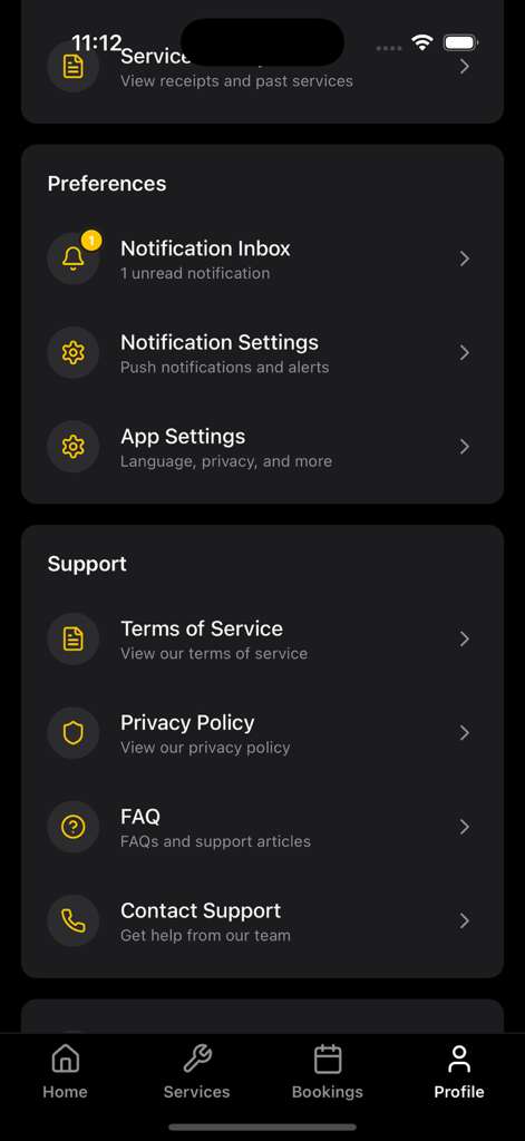 Customer app profile screen showing App Settings option