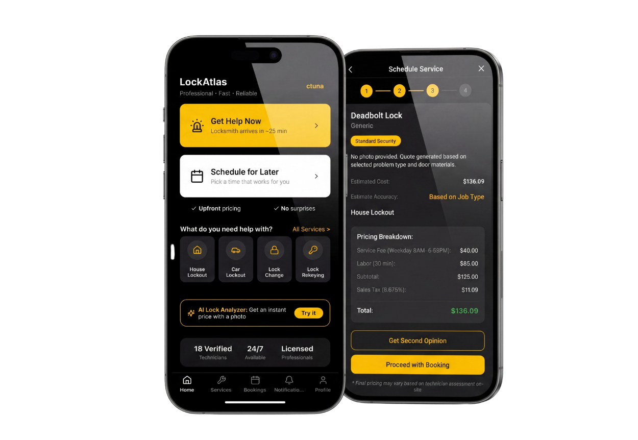 LockAtlas app showing home screen with Get Help Now button and pricing breakdown screen with $136.09 transparent quote
