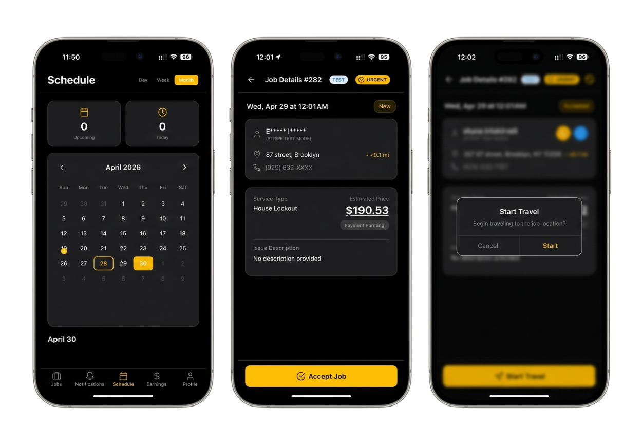 LockAtlas technician app screens showing schedule calendar, job details with upfront earnings, and start travel navigation