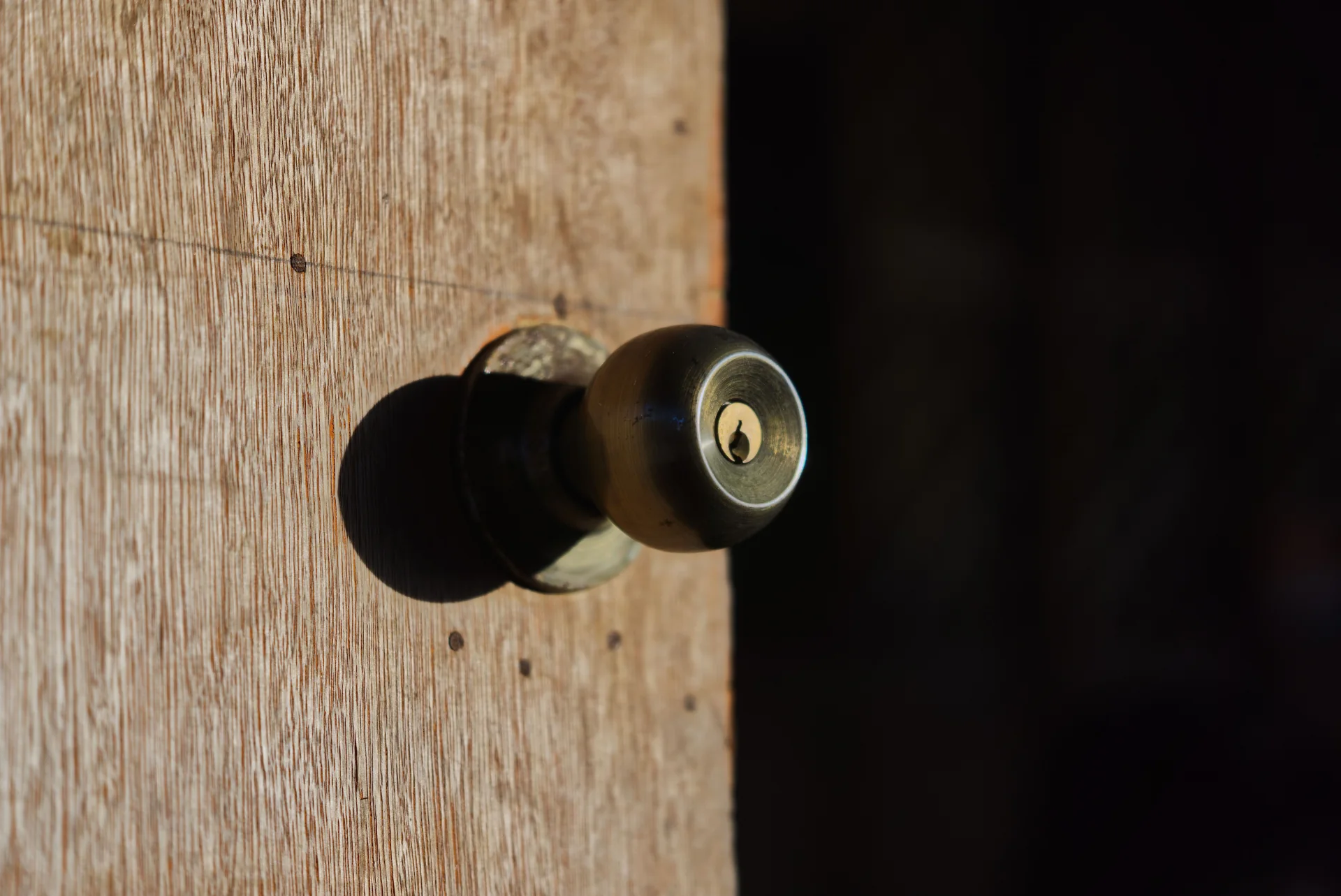 Brass-colored keyed door knob on a wooden door in side light